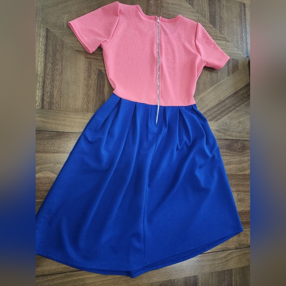 Lularoe Amelia Style Pocket Dress Sz Med Colorblock Stretch Fit Flare Pink Blue - Picture 10 of 12